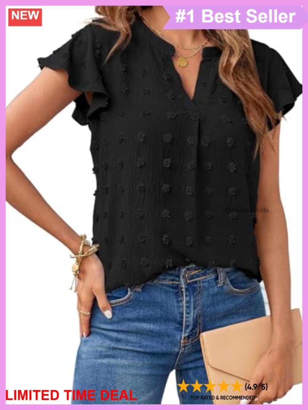 Womens Summer Ruffle Sleeve V Neck Swiss Dot Tunic Blouse Casual Shirt